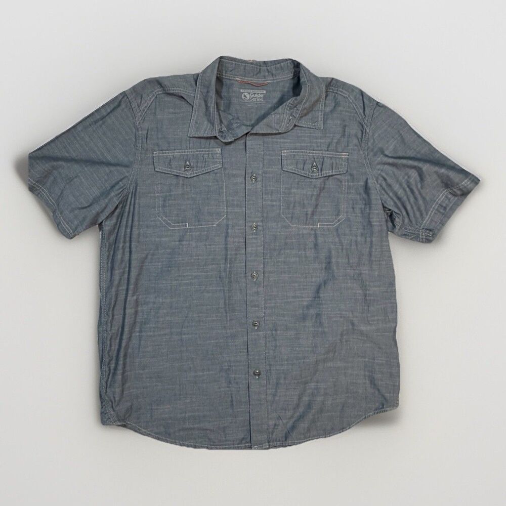 Gander Mountain Shirt Mens Large Blue Short Sleeve Button Up Pockets Stitching